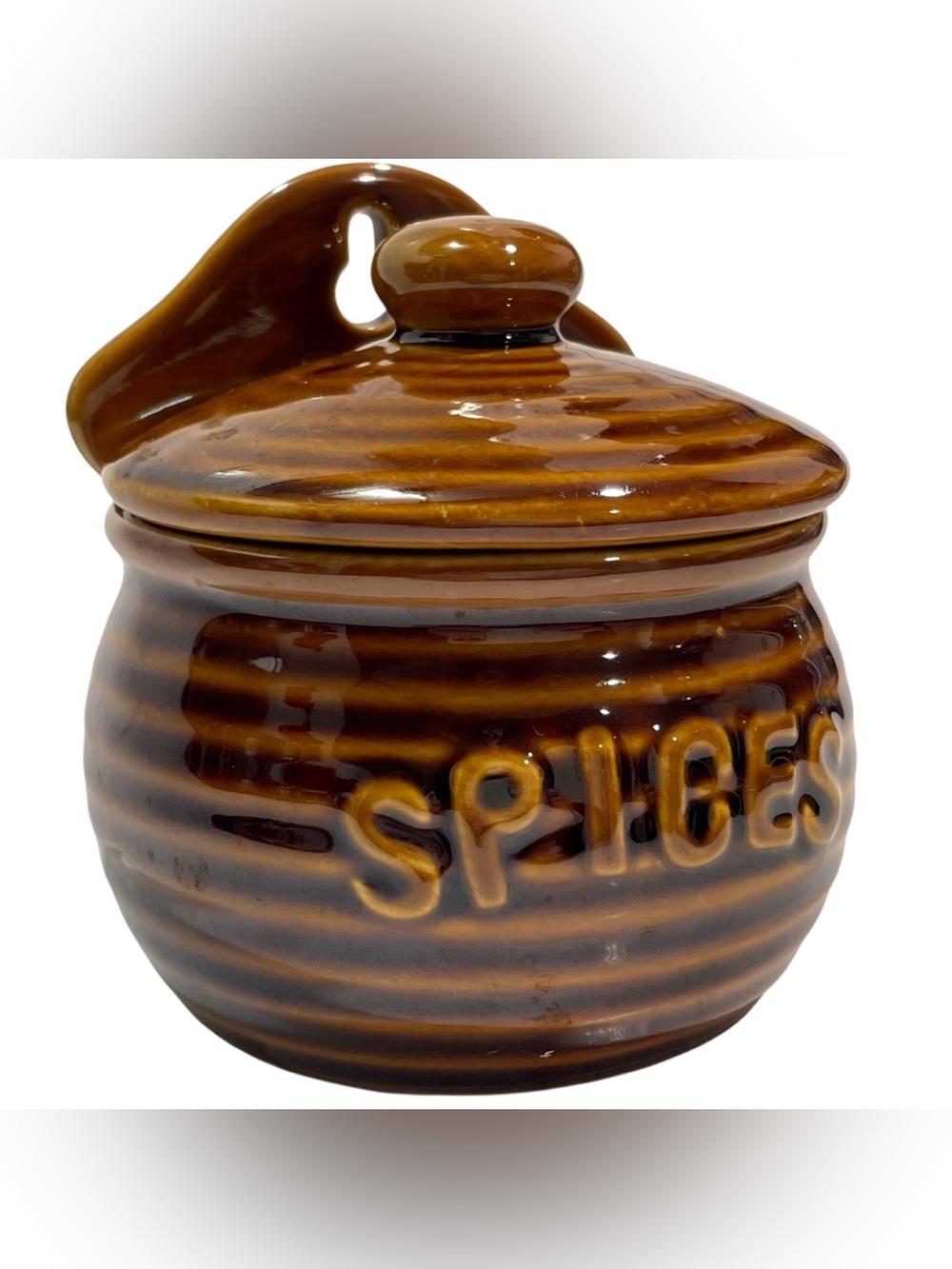 Vintage 1970s Spice Jar Wall Pocket Brown Pottery Spices Container with Lid